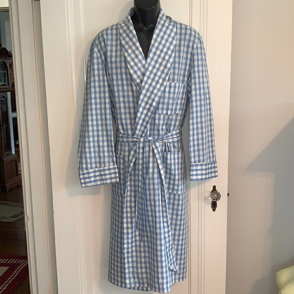 Vtg 60s Amcrest blue & white checked thin polyester blend robe‎
